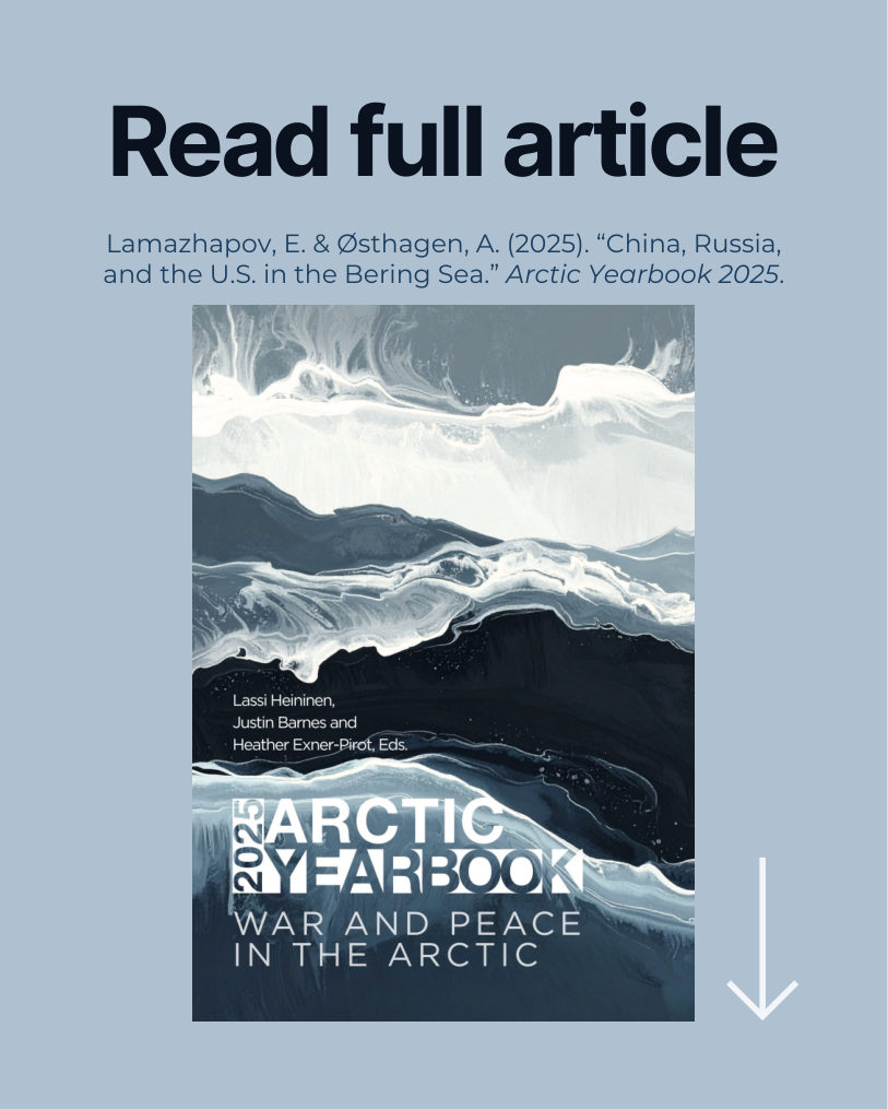 Read the full article: Lamazhapov, E. & Østhagen, A. (2025). China, Russia, and the U.S. in the Bering Sea. Arctic Yearbook 2025.