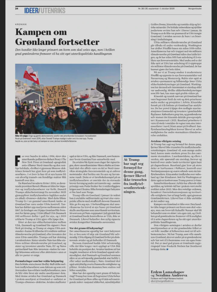 Newspaper clipping of the kronikk in Morgenbladet, with a photo of Greenlanders holding a "We are not for sale" sign